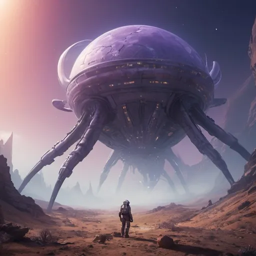Prompt: Space explorer in futuristic suit with turbines, flying above planet, giant lamprey-like creatures, smoking mushrooms, large earth canyons, purple rivers, highres, ultra-detailed, futuristic, sci-fi, alien planet, space exploration, giant creatures, detailed environment, atmospheric lighting, vibrant colors, adventurous