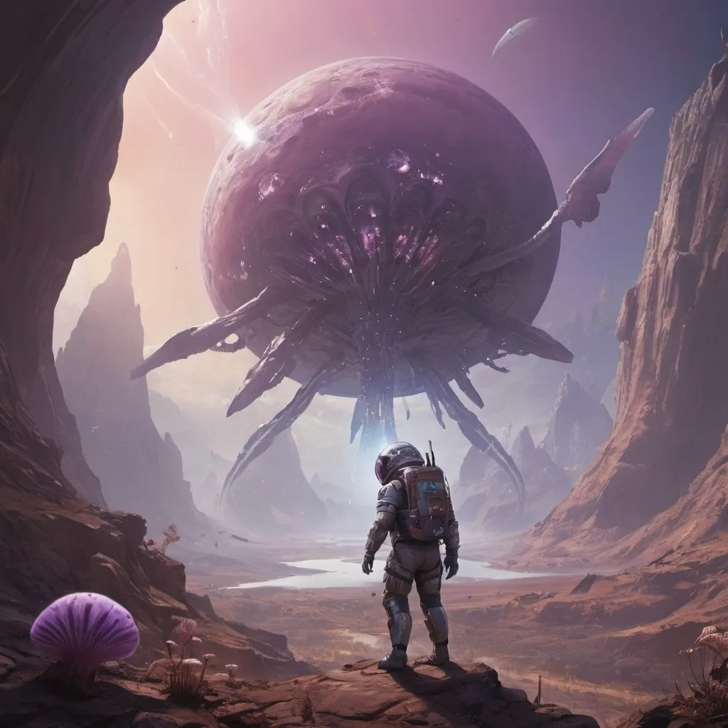 Prompt: space explorers with a futuristic suit and a backpack with turbines flying high above a planet where giant lamprey-like creatures feed on giant smoking mushrooms and large earth canyons and purple rivers can be seen from above
