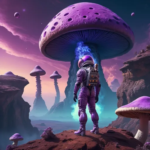 Prompt: Space adventurer on alien planet cliff, giant smoking mushrooms, purple sky, highres, detailed, sci-fi, alien landscape, futuristic, intense exploration, adventurer in space suit, atmospheric lighting, vibrant colors, otherworldly beauty