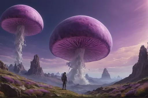 Prompt: Space explorer in flying suit, giant smoking mushrooms, giant creatures, high altitude, otherworldly planet, detailed futuristic technology, surreal atmosphere, epic scale, high quality, realistic, sci-fi, surreal, atmospheric lighting, detailed landscape, purple sky,  human flying