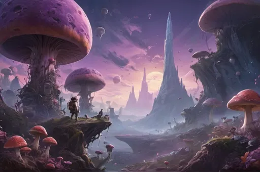 Prompt: View from a helmet of an explorer flying planet with giant smoking mushrooms and creatures that look small from height, purple sky