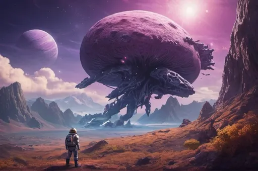 Prompt: Space explorer flying over alien planet, giant mountains, smoking mushrooms, monster eating, high quality, detailed, sci-fi, vibrant colors, atmospheric lighting, futuristic, purple sky, sci-fi landscape, futuristic explorer, detailed spaceship, alien planet, vibrant colors, smoking mushrooms, giant mountains, monster eating, atmospheric lighting