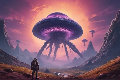 Prompt: Space explorer flying over alien planet, giant mountains, smoking mushrooms, monster eating mushrooms, high quality, detailed, sci-fi, vibrant colors, atmospheric lighting, futuristic, purple sky, sci-fi landscape, futuristic explorer, detailed spaceship, alien planet, vibrant colors, smoking mushrooms, giant mountains, monster eating, atmospheric lighting