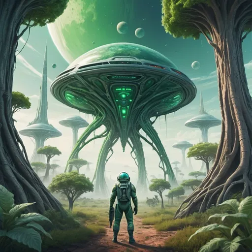 Prompt: space explorer seeing an alien landscape with gigantic trees with vines where there is an alien city, the sky is green and the explorer carries a futuristic rifle in his hands