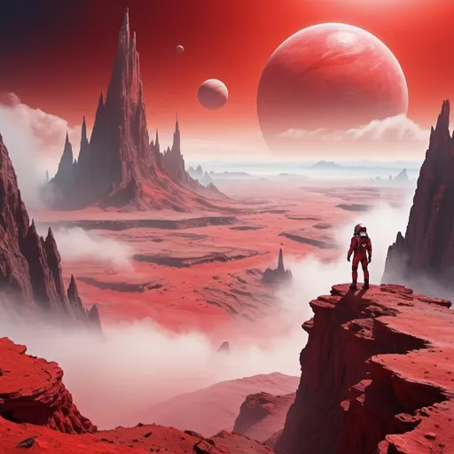 Prompt: space explorer on the top of a mountain on an alien planet with large canyons and a city inside the sky is red and there is a lot of fog