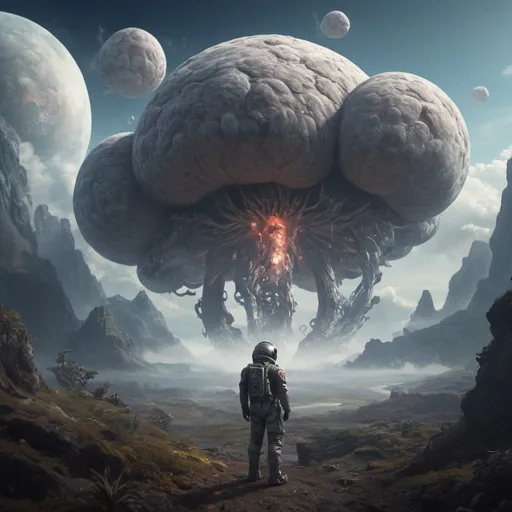 Prompt: Space explorer in flying suit, giant smoking mushrooms, giant creatures, high altitude, otherworldly planet, detailed futuristic technology, surreal atmosphere, epic scale, high quality, realistic, sci-fi, surreal, atmospheric lighting, detailed landscape