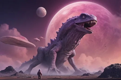 Prompt: space explorer flying over alien planet with purple sky watching from above a monster eating a giant smoking mushroom