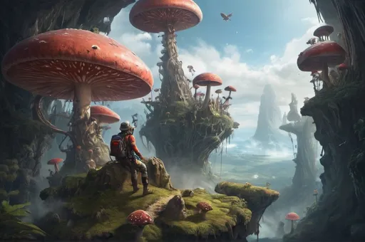 Prompt: View from a helmet of an explorer flying planet with giant smoking mushrooms and creatures that look small from height