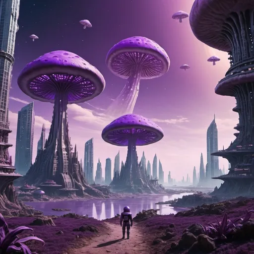 Prompt: space explorer seeing in the distance an alien city similar to Atlantis with huge ships and skyscrapers built on giant mushrooms and the sky is purple