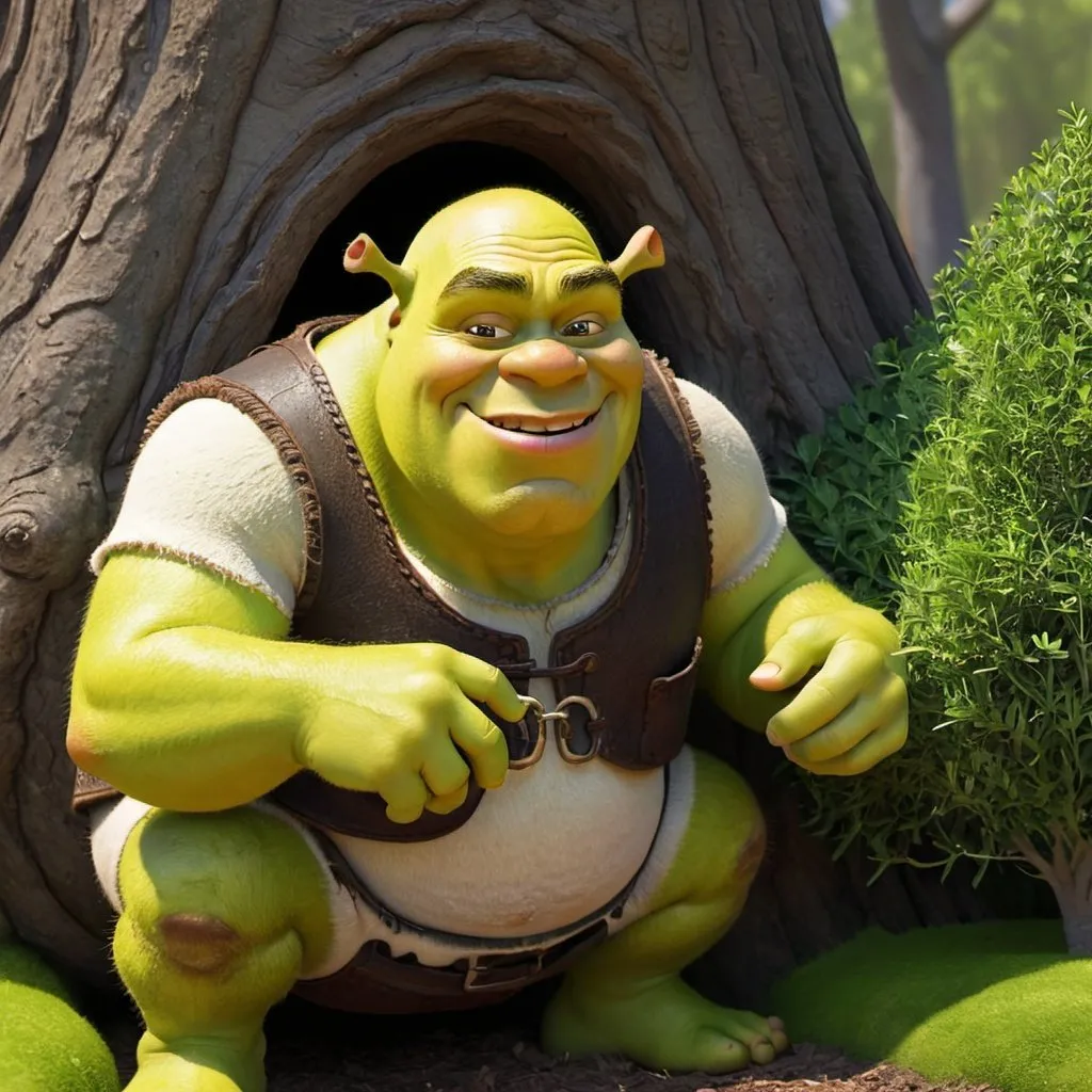 Prompt: shrek taking his biggest poop in his life behind a bush
