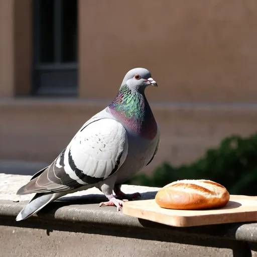 Prompt: pigeon siting on a pigeon and eating bread
