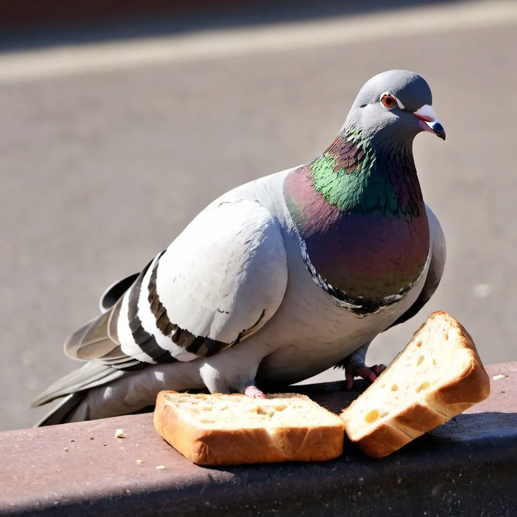 Prompt: pigeon siting on a pigeon and eating bread
