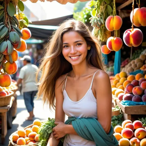 Prompt: 

In the bustling marketplace, beneath a canopy of vibrant colors, stands a beautiful woman with a warm, inviting smile. Her long, flowing hair cascades over her shoulders as she skillfully arranges an array of fresh, succulent fruits on her stall. Her eyes, sparkling with kindness and confidence, meet yours as she extends a perfectly ripe peach, its fragrant aroma filling the air. The sun casts a golden glow on her, enhancing the natural beauty of both her and the bounty she offers. Her cheerful voice rises above the marketplace chatter, offering a friendly greeting and a promise of the freshest, sweetest fruits you'll find.

