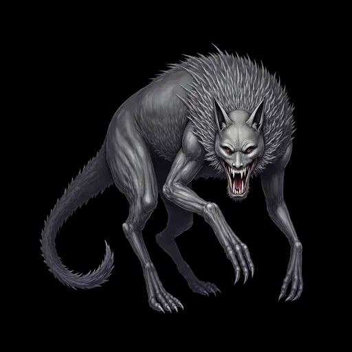 Prompt: a dark illustration of a wolf beast with a depraved facial expression on a black background
