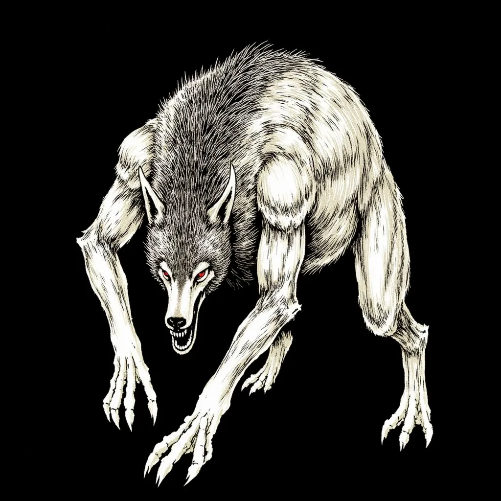 Prompt: a dark illustration of a starving wolf beast on a black background, high contrast, textural