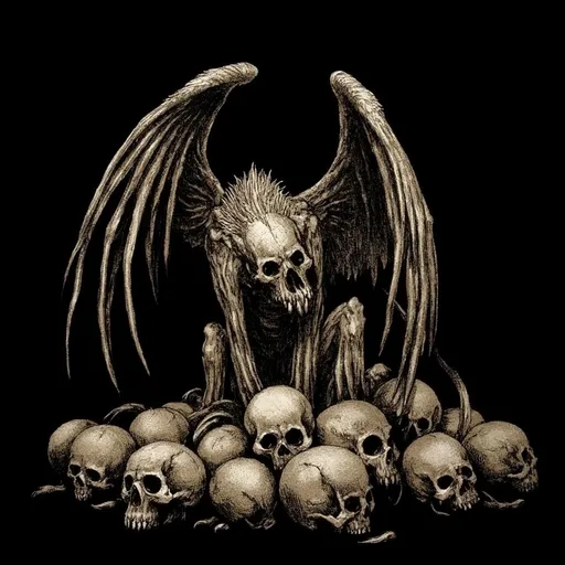 Prompt: concept art of a pile of skulls with skeletal wings on a black background