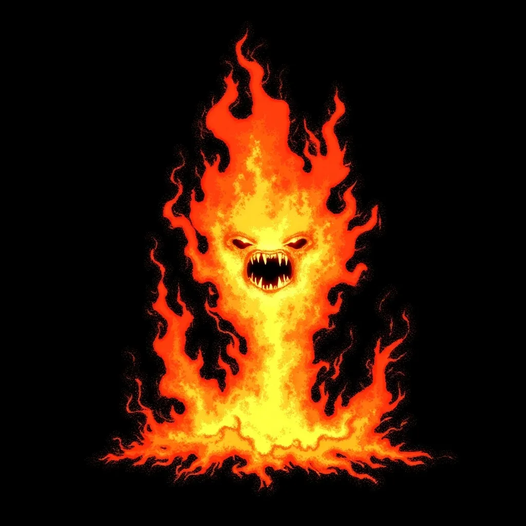 Prompt: an illustration of a torrent of flame with a face, a flame elemental, on a black background