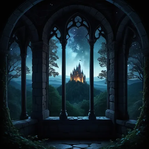 Prompt: (mystical fantasy scene), looking out the  glass window of an ancient castle tower, night sky, enchanted forest beyond, dark color scheme, intricate stonework, ethereal glow, silhouette of trees, stars twinkling in the distance, high detail, atmospheric, magical ambiance, shadowy depths of the forest, ultra-detailed, captivating view, cinematic lighting.