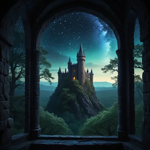 Prompt: (mystical fantasy scene), looking out the  glass window of an ancient castle tower, night sky, enchanted forest beyond, dark color scheme, intricate stonework, ethereal glow, silhouette of trees, stars twinkling in the distance, high detail, atmospheric, magical ambiance, shadowy depths of the forest, ultra-detailed, captivating view, cinematic lighting.