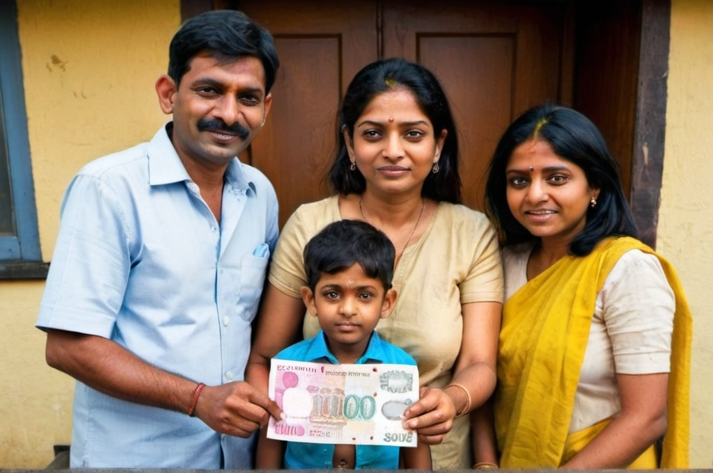 Prompt: An Indian family got huge compensation and some Indian rupees in front of them