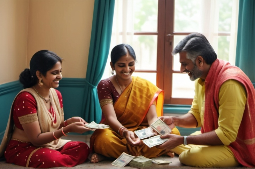 Prompt: An happy Indian family after receiving compensation in Indian rupees