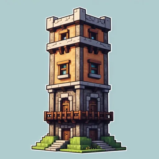 Prompt: 2D Game, Minecraft Square Tower, Tower with Platform on Top, No Roof, One Side View, High Quality, Hand Drawn, Sticker, Voxel Castle Graphics, Stone Block Castle, With Windows and Balconies, 2D Assets, Flat Image, View front