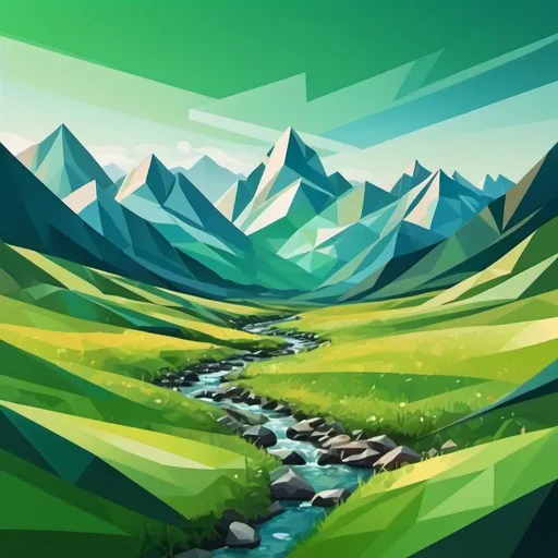 Prompt: Abstract looking mountains in the distance, with sky showing behind them. A green and beautiful meadow with a stream leads to the mountains. Make the art style very abstract and triangulated