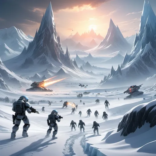 Prompt: A vast, frozen landscape covered in snow, with jagged mountains in the background. Alien enemies patrol the icy terrain as the soldiers charge through, leaving footprints in the snow. Explosions burst from the snow-covered ground, and laser fire lights up the icy scene, creating a high-energy, dangerous battlefield."