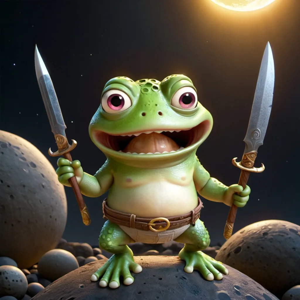 Prompt: cute little cartoon character  The body is a frog.  The head is a bad guy. There is a background in the ancient Thai style. The characters hold weapons.
Background in the moon.
Also with frog eggs.