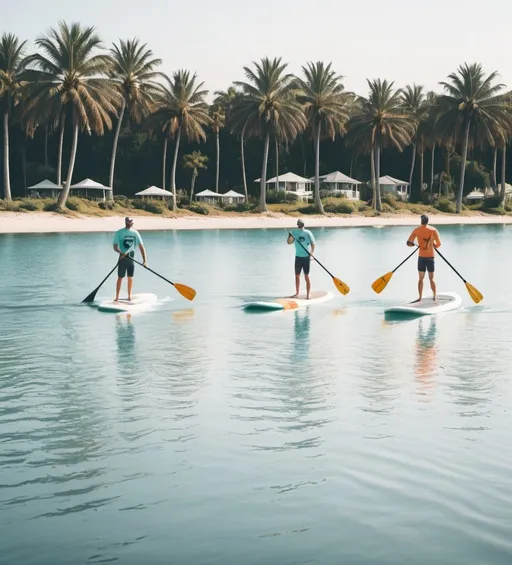 Prompt: Illustrated T-shirt design of flat vintage Ocean with palm trees, vector, solid white background, simple color palette, PaddleBoard racing


