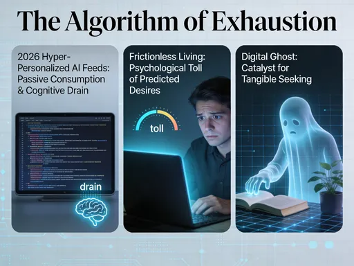 Prompt: The Algorithm of Exhaustion
- Analyze how 2026’s hyper-personalized AI feeds create a state of passive consumption that drains cognitive energy.
- Discuss the psychological toll of frictionless living where every desire is predicted and met by a screen.
- Frame the feeling of being a ghost in a digital machine as the catalyst for seeking something tangible.