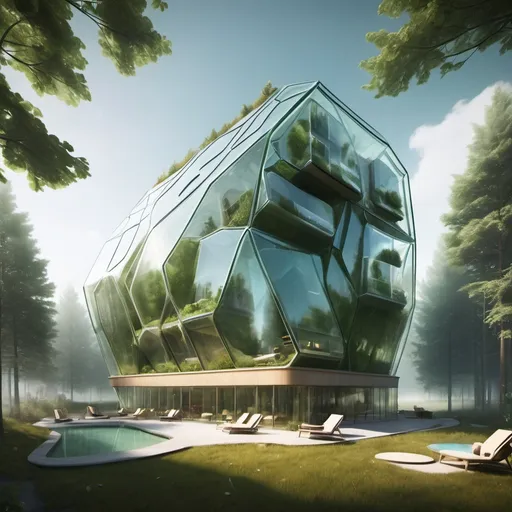 Prompt: A new futuristic nature glase hotel in the summer