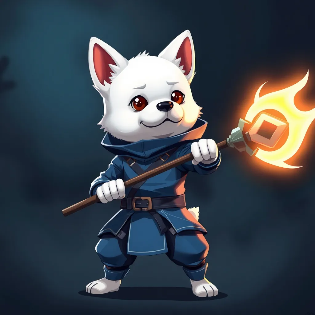 Prompt: A cute cartoon anime white dog, dressed in a sleek blue futuristic ninja suit, stands poised and ready for battle, wielding a glowing staff. The atmosphere is intense and dramatic, with high contrast between the suit and the dog's fur.