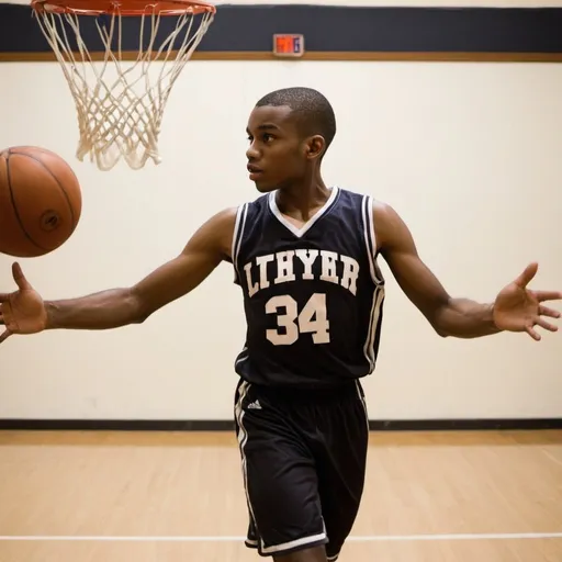 Prompt: give me a Black young guy who is very good at Basketball. He can dunk an do a lot of moves.