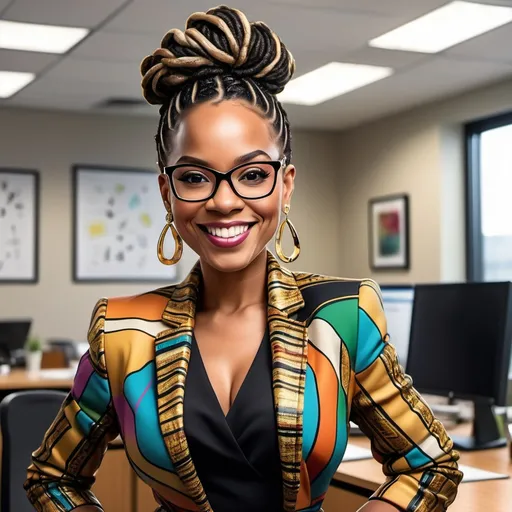 Prompt: a 35yrs African American woman in a black dress with  a multi coloured jacket, black heels, Her hair is locs in a high bun, long eyelashes,  gold earrings, beautiful makeup, smiling,  standing in an office. Gold glasses,  cartoon illustrated