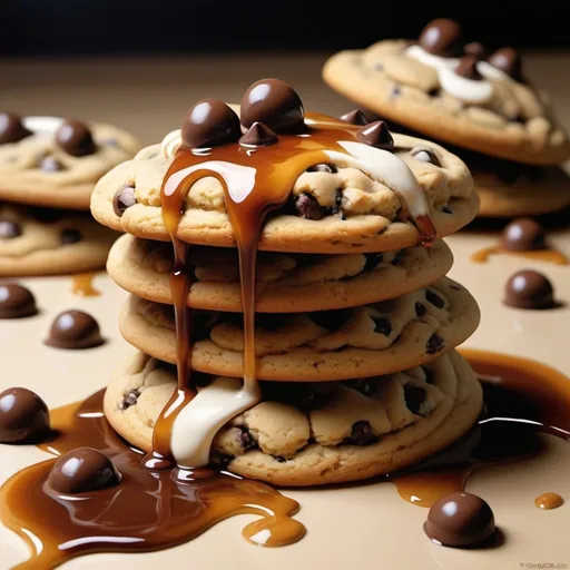 Prompt: Chocolate chip cookies dripping in caramel and cream, decadent dessert, realistic painting, rich textures, high quality, detailed, ultra-realistic, warm tones, indulgent lighting, caramel drizzle, melting cream, gooey chocolate chips, creamy cream, mouth-watering dessert, rich and inviting, realistic art, indulgent treat