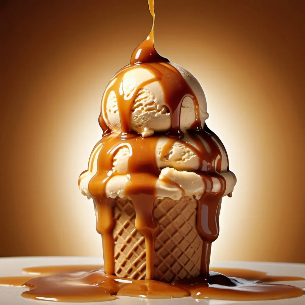 Prompt: Caramel ice cream with flowing caramel, creamy texture, highres, detailed, realistic, dessert, food illustration, warm tones, creamy caramel, indulgent treat, mouth-watering, delicious, tempting, dessert art, close-up, rich colors, soft lighting, appetizing presentation