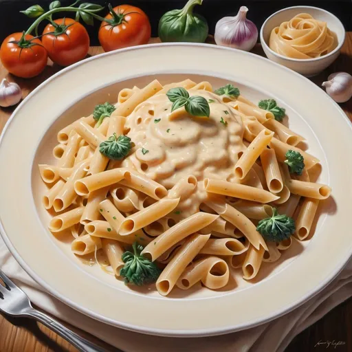 Prompt: Creamy beautiful pasta, oil painting, detailed ingredients, high quality, realistic, warm tones, soft lighting, pasta with creamy sauce, vibrant vegetables, intricate textures, professional artistry