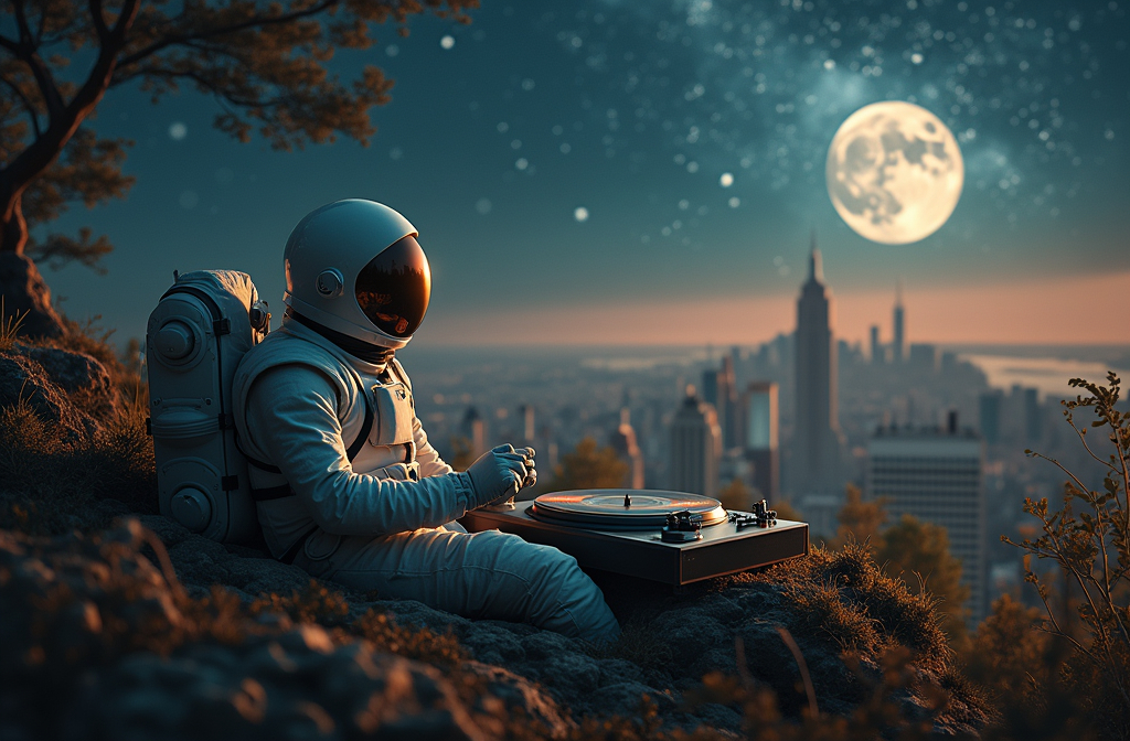 Prompt: Astronaut relaxing in nature, Records, vintage record player, new york city landscape, under a stunning night sky, full moon casting a soft glow, bright twinkling stars above, dusty earth tones, serene atmosphere, calm vibe, ultra-detailed, 4K, highly immersive, dreamy and cosmic ambiance.