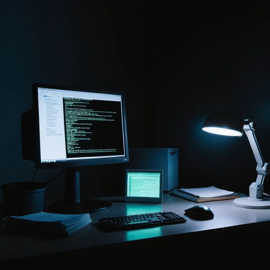 Prompt: Research computer sitting on a work desk with a file pulled up in a dark room with a glow coming from the computer
 