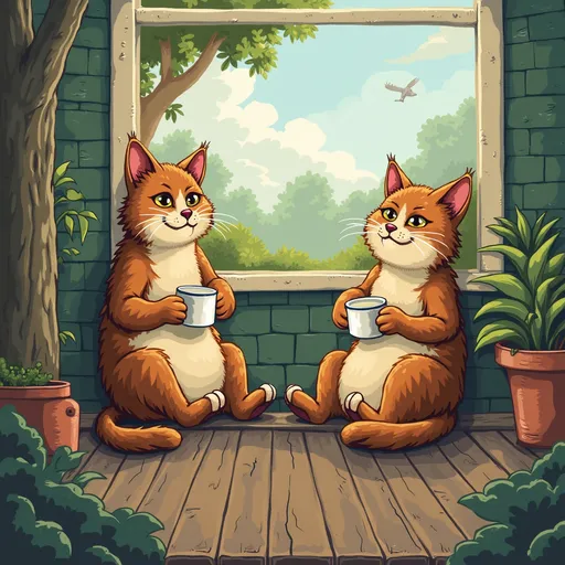Prompt: Two mature cats—Whiskers and Boots—are lounging on a sunny porch, looking like they’ve seen it all. They're lazily watching birds and sipping (imaginary) saucers of milk.