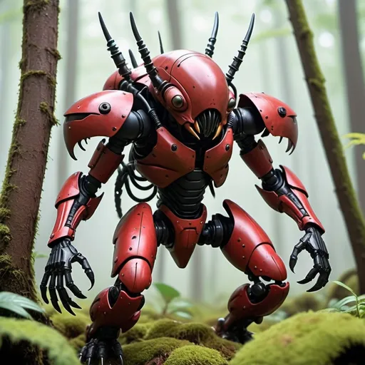 Prompt: A biomechanical insectoid soldier from the Crimson Mandate, crouched in a dynamic combat-ready pose amidst a misty, alien forest. The creature is armored in worn, blood-red chitinous plates with black mechanical joints and exposed cabling. Its face is a fierce hybrid of insect and machine, with menacing mandibles and sleek black ocular sensors. Thick clawed hands grip the moss-covered terrain, and its powerful legs are primed for a devastating charge. Spiked protrusions and battle scars cover its armor, showing signs of countless battles. In the background, other vanguard units march forward in tight formation, partially obscured by fog and underbrush. The scene is cinematic, atmospheric, and ominous—conveying elite precision, aggression, and overwhelming force.