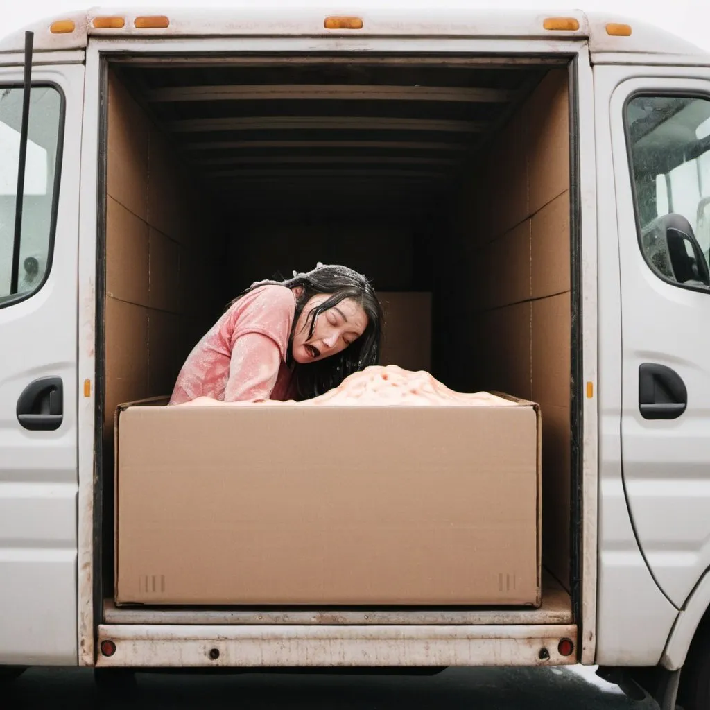 Prompt: a melting women inside a delivery truck