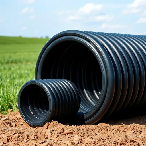 Prompt: A highly realistic image of three black polyethylene pipes coiled into round rolls of different sizes placed one behind the other on agricultural land. The background features lush green fields and a clear blue sky. The scene should look very natural and lifelike, perfect for professional social media posts