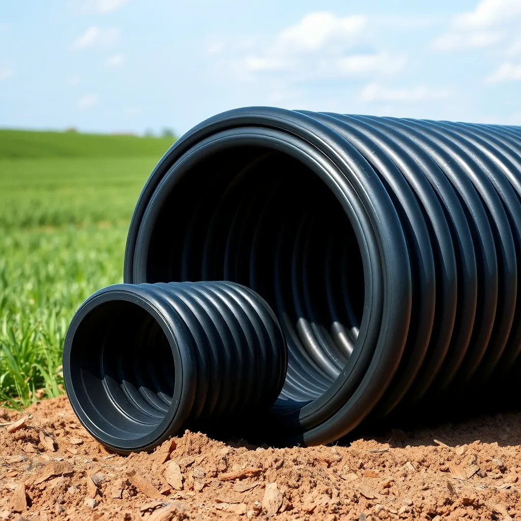 Prompt: A highly realistic image of three black polyethylene pipes coiled into round rolls of different sizes placed one behind the other on agricultural land. The background features lush green fields and a clear blue sky. The scene should look very natural and lifelike, perfect for professional social media posts