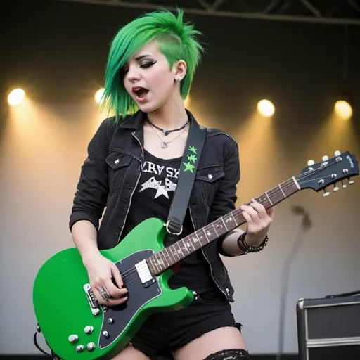 Prompt: rockstar girl, shaved half hair girl, green hair girl, performing, holding guitar, singing, emo, rock and roll