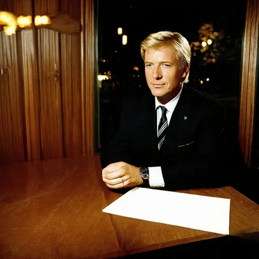 Prompt: A blond haired man sitting by a table inside a house at night, photo taken in 1966, age of the male: 45 years old, wearing a black suit