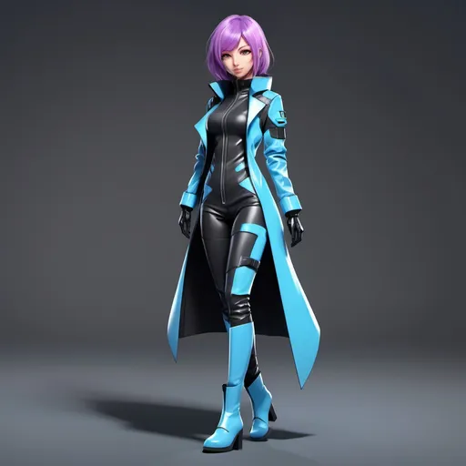 Prompt: A full-body anime-style female character designed for AniSuzzy breaking news. She is attractive, with medium-length vibrant-colored hair (such as light blue or purple). She wears a futuristic, stylish outfit customized with 'AniSuzzy' written clearly in bold, readable font on her clothing. The outfit includes high boots, gloves, and sleek, modern elements. The character stands confidently alone on a professional background suited for a news segment. Please ensure 'AniSuzzy' is written lightly on the wallpaper or picture, with a subtle, non-bold font.