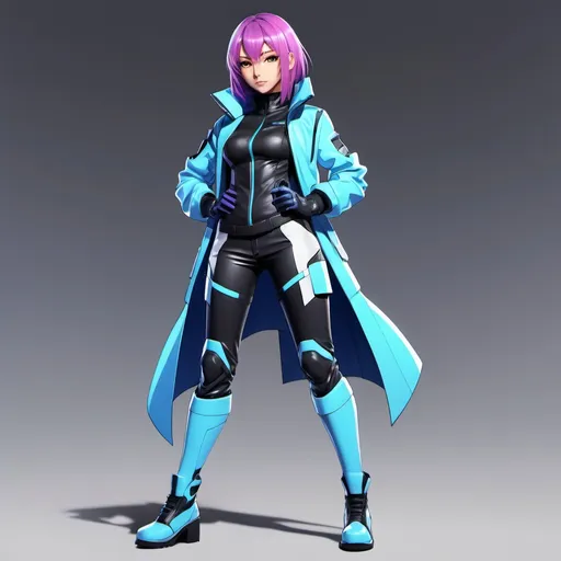 Prompt: A full-body anime-style female character designed for AniSuzzy breaking news. She is attractive, with medium-length vibrant-colored hair (such as light blue or purple). She wears a futuristic, stylish outfit with 'AniSuzzy' written prominently across the front in bold, readable font. The outfit includes high boots, gloves, and sleek modern elements. She stands confidently alone on a professional background suited for a news segment. Please ensure 'AniSuzzy' is clearly visible and prominently featured on her clothing.