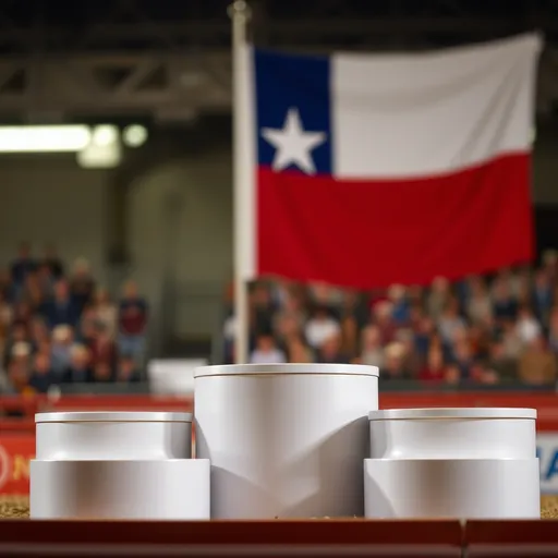 Prompt: rodeo podium scene. Keep the podiums empty and blur the background. Texas flag.